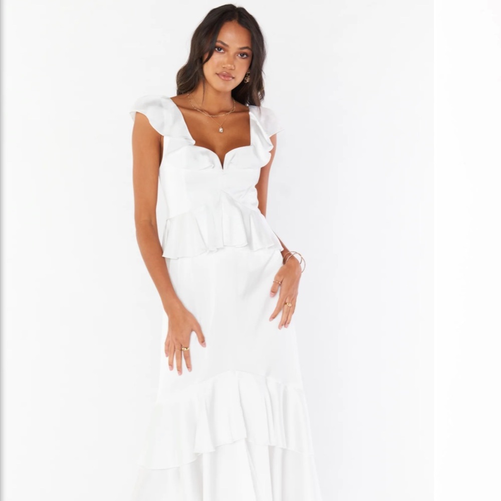 Show Me Your Mumu - Ivory Satin Reese Ruffle Dress - Rehearsal Dinner Bridal